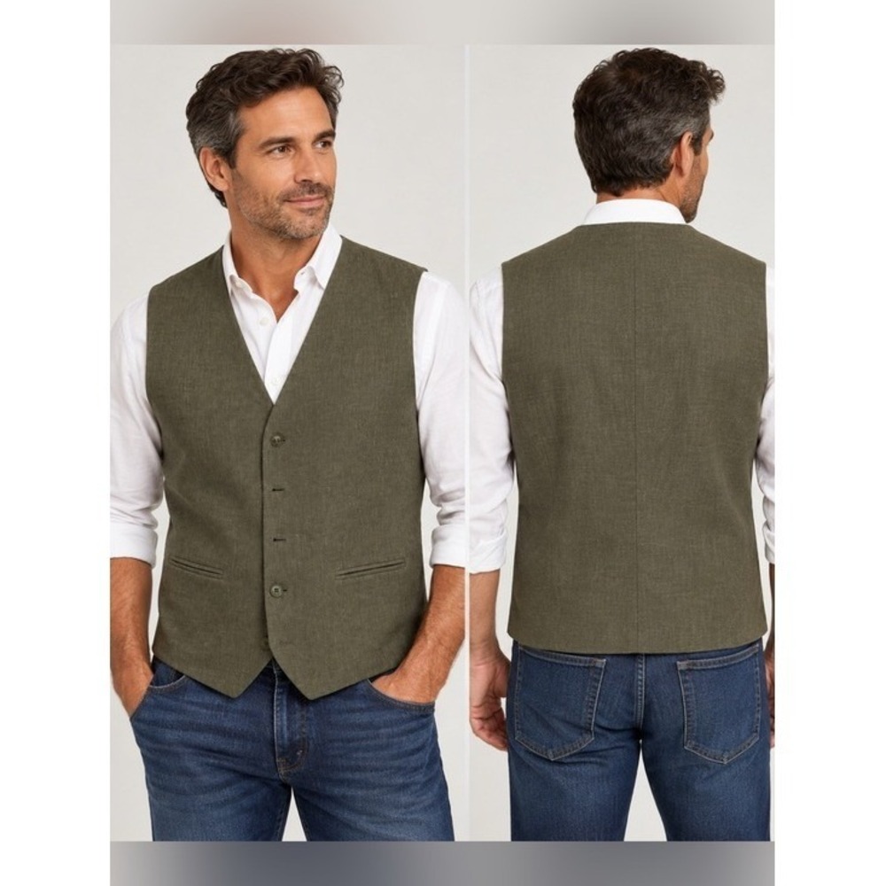 CLAIBORNE. Men's Olive Green Textured Button Vest. Size L. Linen/Cotton.
